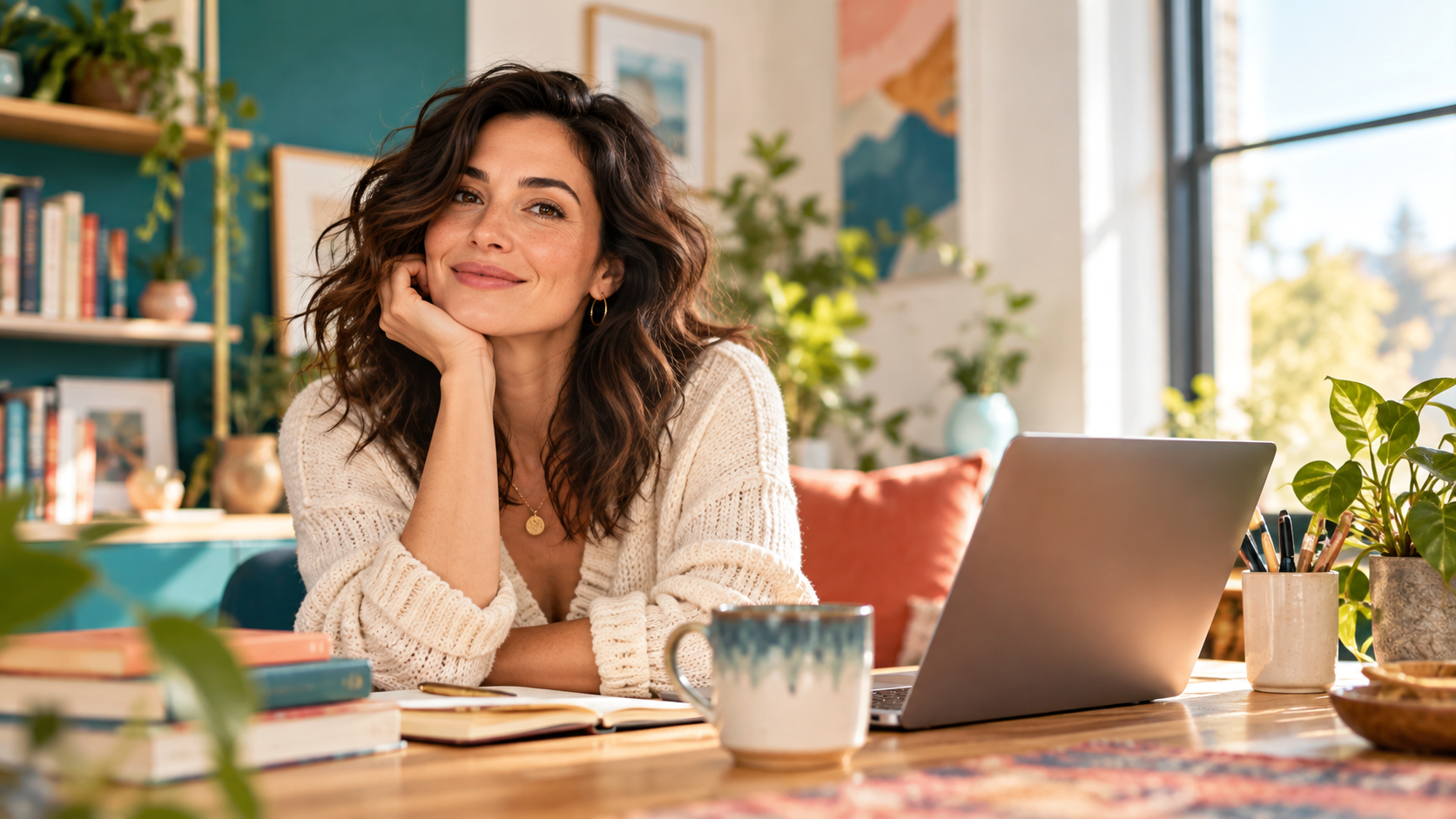 Maya Rowan at her desk with a laptop